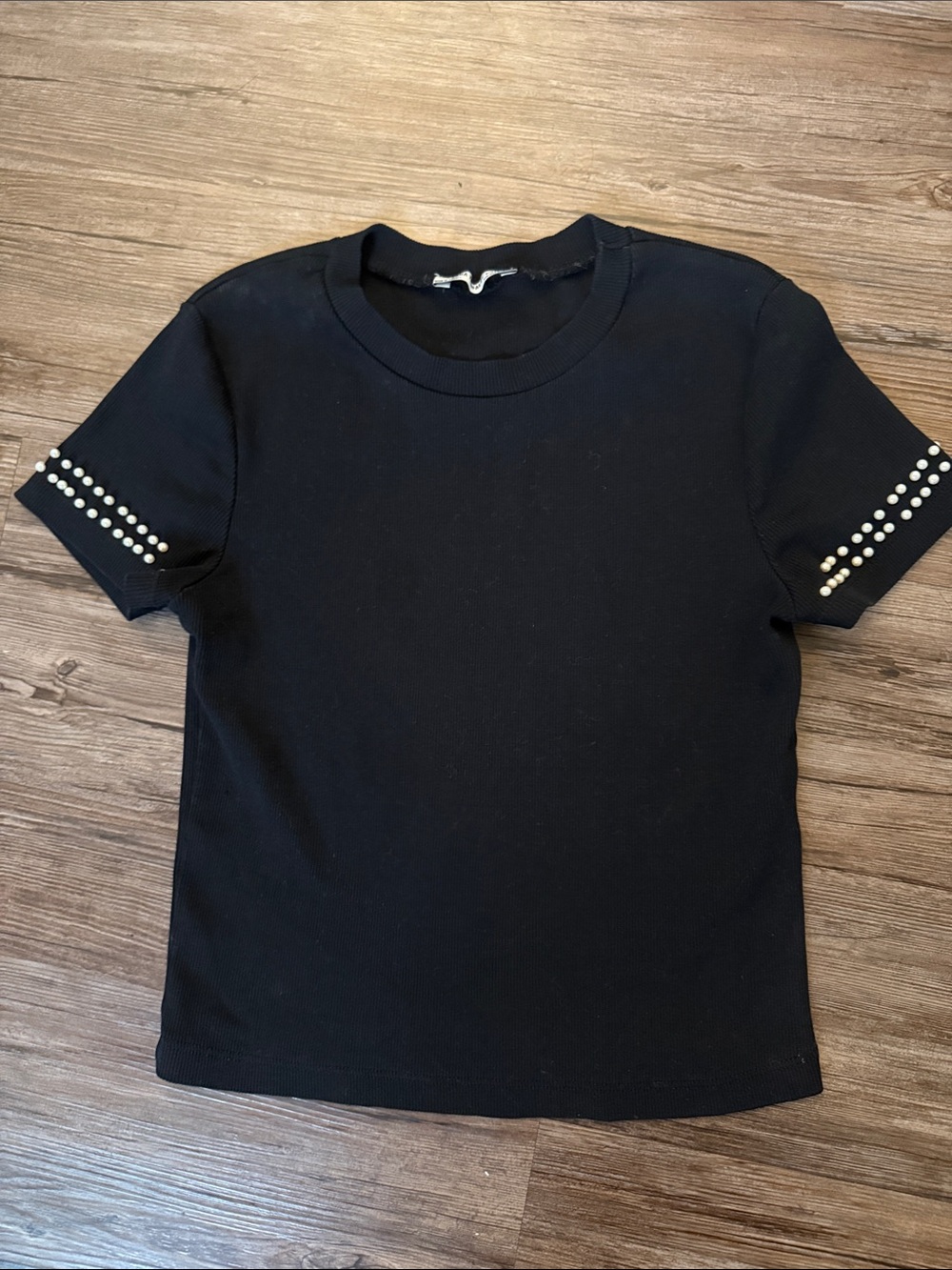 Zara Black Short Sleeve Knit Top with Pearl Trim